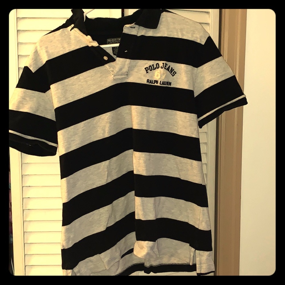 Gray and black striped polo, Polo Ralph Lauren.